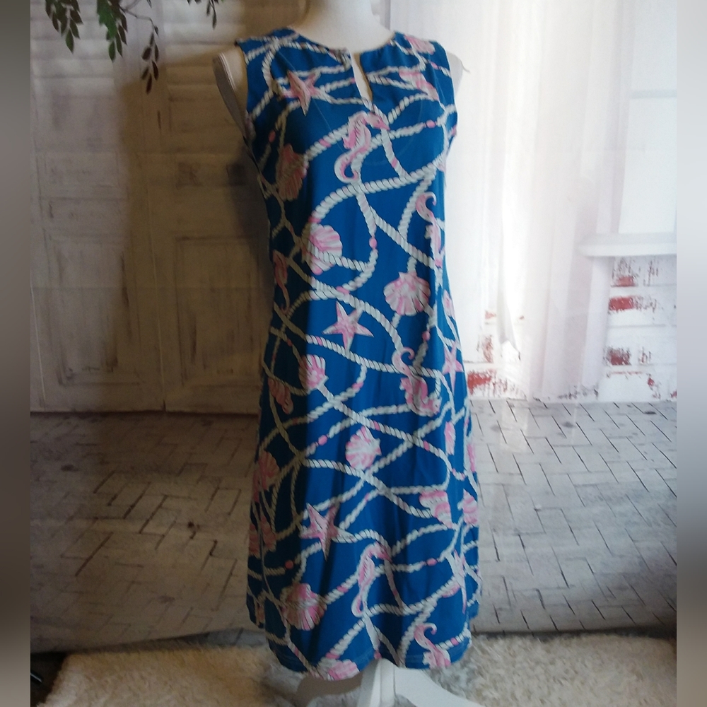 Barbara Gerwit blue pink seahorse seashell nautical rope sleeveless dress size S